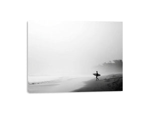 Black and white surfer beach canvas art for calm modern coastal wall decor.
