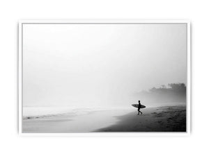 Black and white surfer beach canvas art for calm modern coastal wall decor.