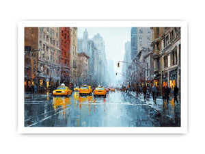 Rainy city street with yellow taxis and reflections for modern office wall art.