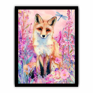 Watercolor fox with pink flowers and dragonflies for whimsical bedroom decor.