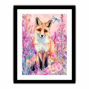 Watercolor fox with pink flowers and dragonflies for whimsical bedroom decor.