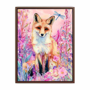 Watercolor fox with pink flowers and dragonflies for whimsical bedroom decor.