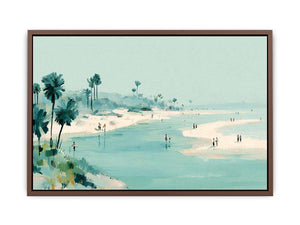 Soft aqua beach painting with palms and shoreline figures for coastal living room decor.