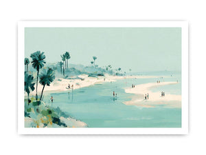 Soft aqua beach painting with palms and shoreline figures for coastal living room decor.