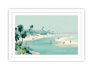 Soft aqua beach painting with palms and shoreline figures for coastal living room decor.