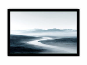 Misty blue gray mountain valley with winding river for calm modern living room decor.