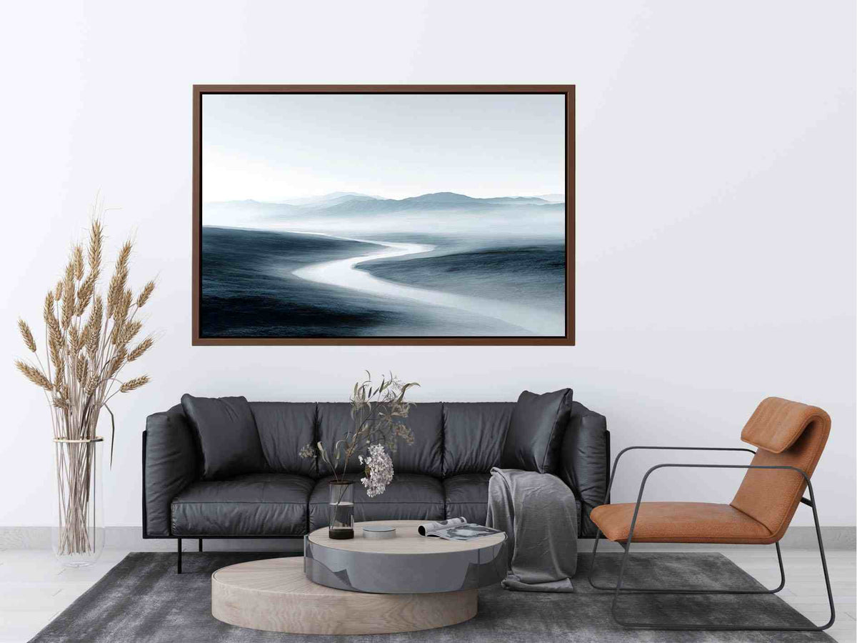 Misty blue gray mountain valley with winding river for calm modern living room decor.