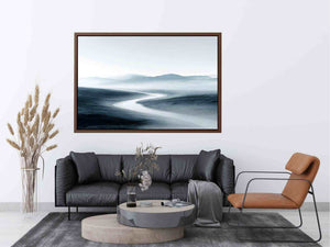 Misty blue gray mountain valley with winding river for calm modern living room decor.