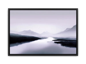 Misty lavender mountain lake with soft reflections for peaceful bedroom wall decor.