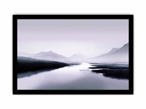 Misty lavender mountain lake with soft reflections for peaceful bedroom wall decor.