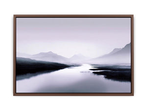 Misty lavender mountain lake with soft reflections for peaceful bedroom wall decor.