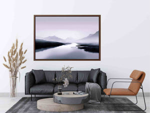 Misty lavender mountain lake with soft reflections for peaceful bedroom wall decor.