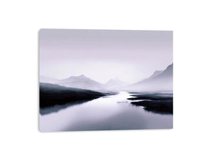 Misty lavender mountain lake with soft reflections for peaceful bedroom wall decor.