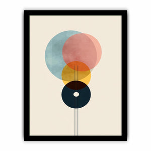 Geometric abstract circles in blue rose yellow and navy for modern office decor.