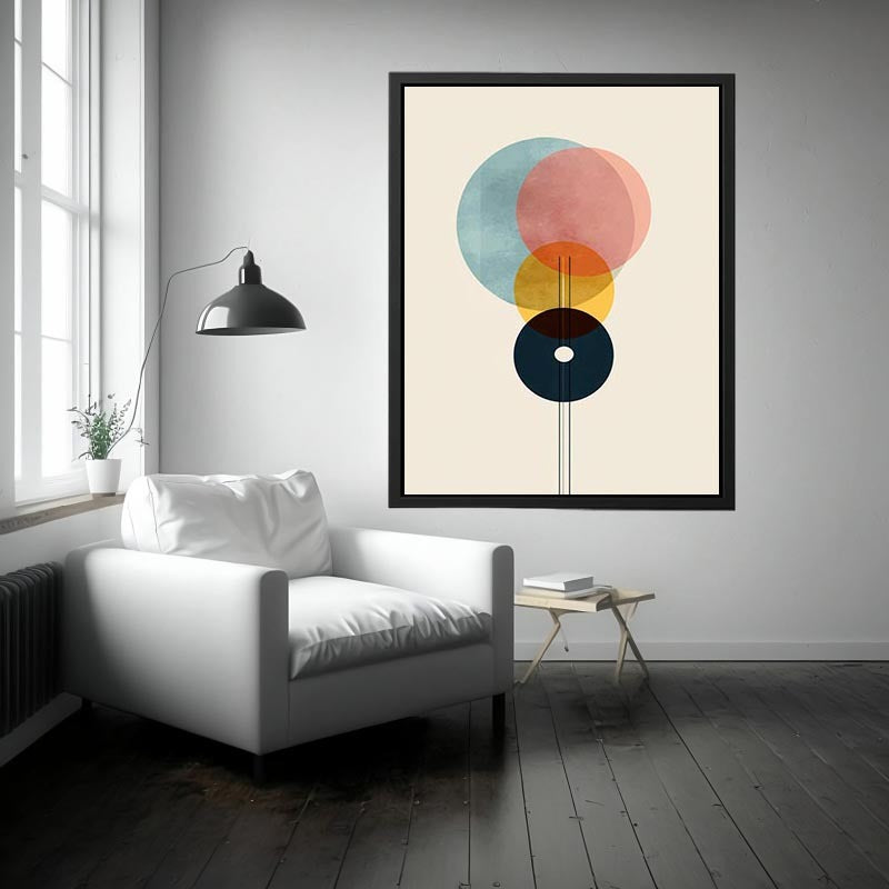 Geometric abstract circles in blue rose yellow and navy for modern office decor.
