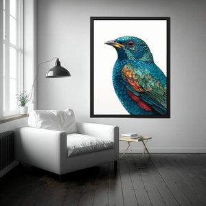 Teal and emerald bird portrait with detailed feathers for elegant nature wall decor.