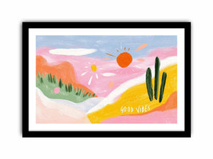Colorful good vibes desert cactus painting for cheerful bedroom or kids room decor.