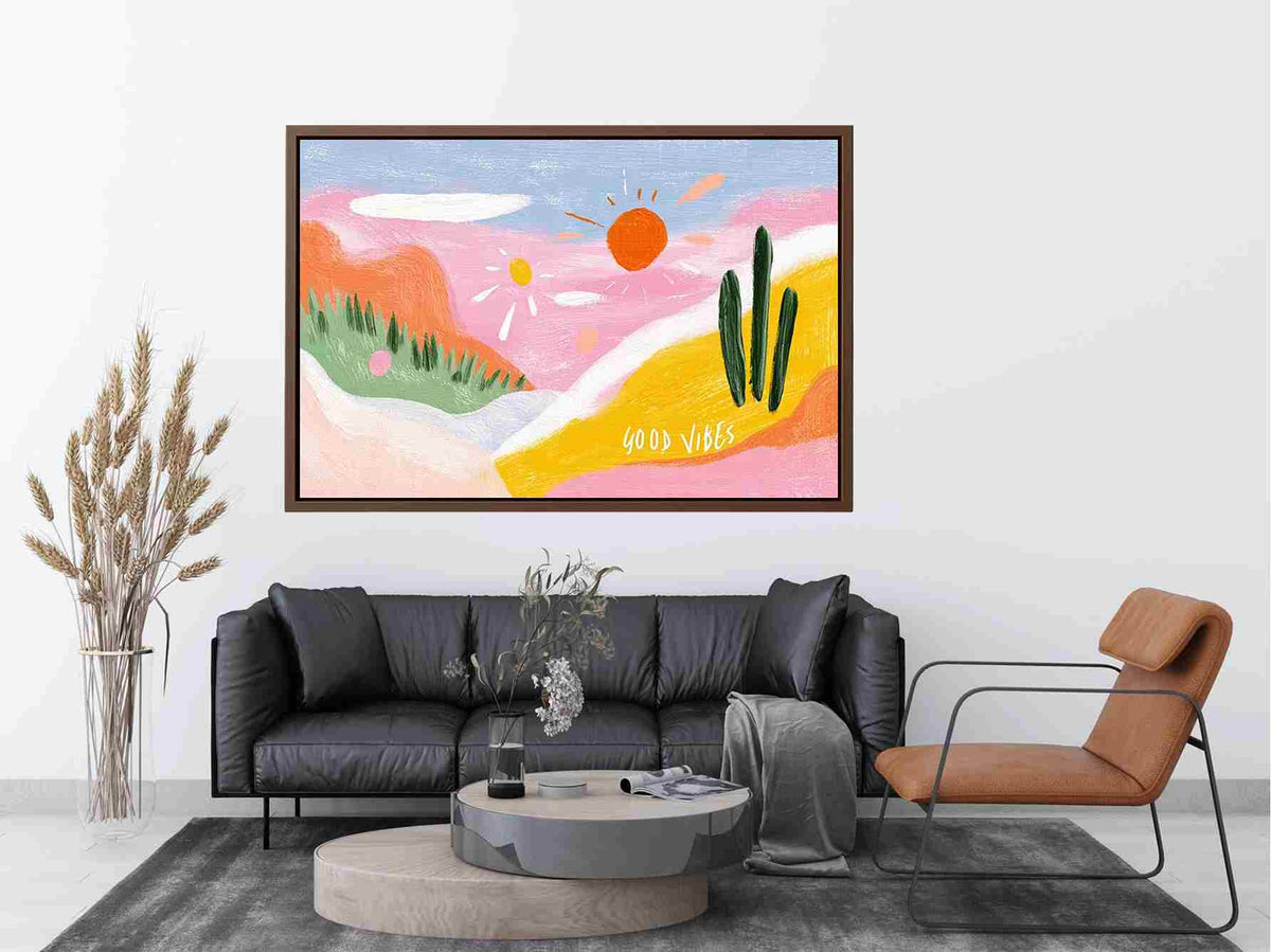 Colorful good vibes desert cactus painting for cheerful bedroom or kids room decor.