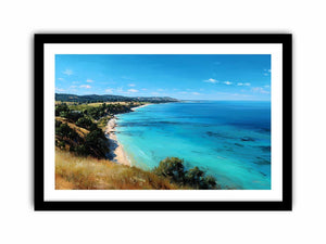 Turquoise coastal ocean landscape with cliffs and beach for bright living room decor.