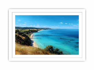 Turquoise coastal ocean landscape with cliffs and beach for bright living room decor.