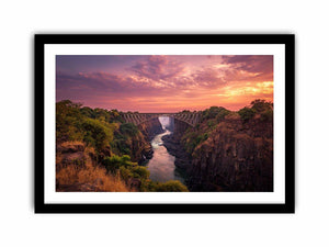 Sunset canyon bridge with river and waterfall for dramatic living room wall decor.