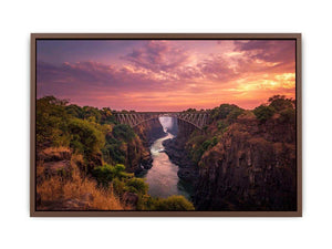 Sunset canyon bridge with river and waterfall for dramatic living room wall decor.