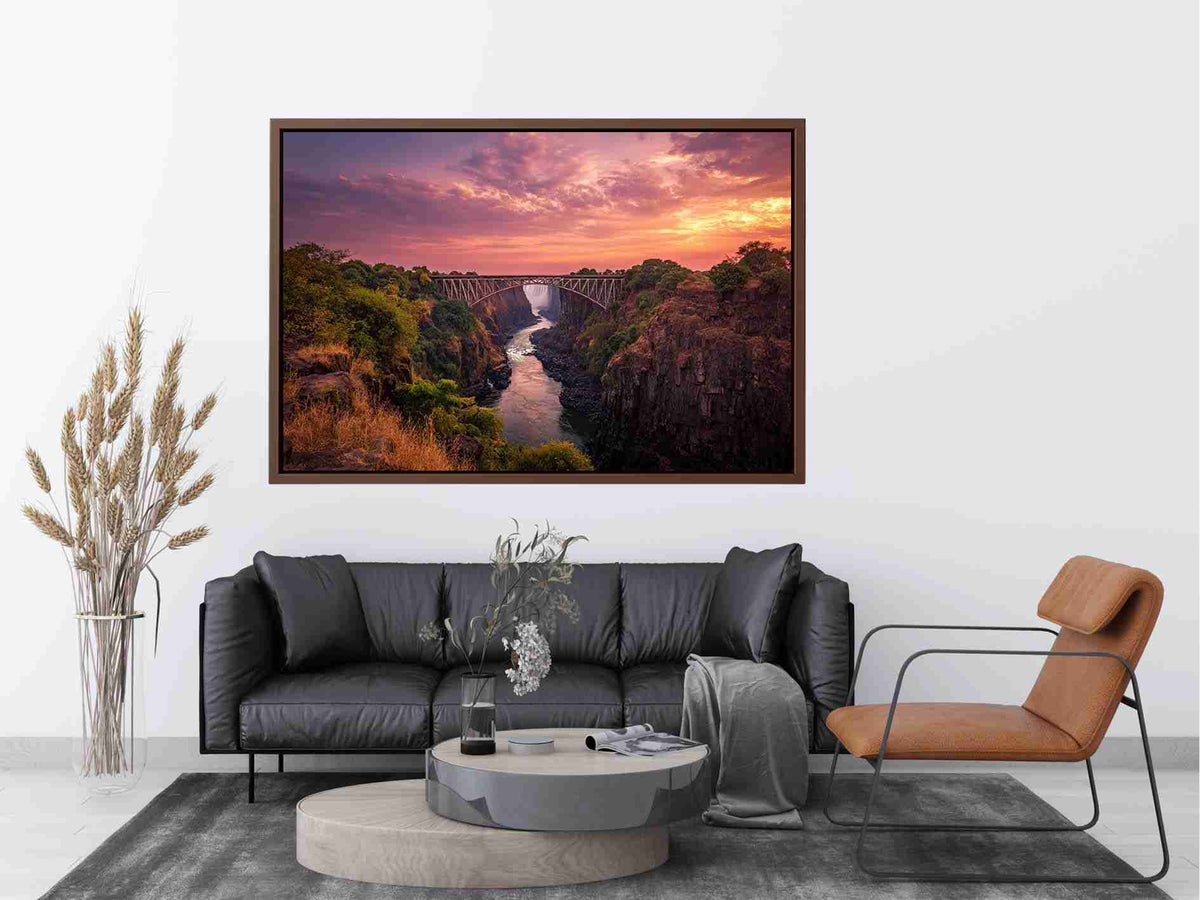 Sunset canyon bridge with river and waterfall for dramatic living room wall decor.