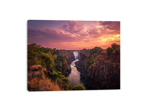 Sunset canyon bridge with river and waterfall for dramatic living room wall decor.