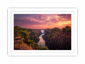 Sunset canyon bridge with river and waterfall for dramatic living room wall decor.