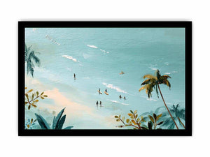 Tropical beach painting with tiny surfers and palm trees for coastal bedroom decor.