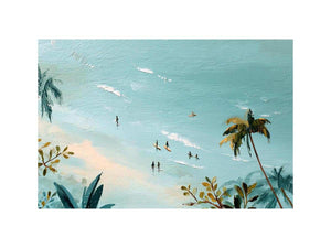 Tropical beach painting with tiny surfers and palm trees for coastal bedroom decor.