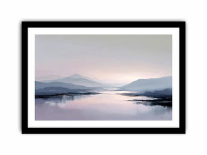 Pale mountain lake reflection in blue gray and blush tones for calm bedroom decor.