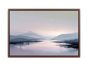 Pale mountain lake reflection in blue gray and blush tones for calm bedroom decor.