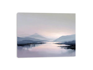 Pale mountain lake reflection in blue gray and blush tones for calm bedroom decor.