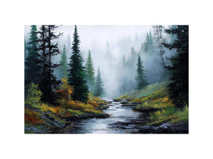 Misty forest stream landscape canvas art for calm modern living room decor.