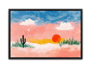 Pastel desert sunset canvas art with cactus for cheerful bedroom or nursery decor.