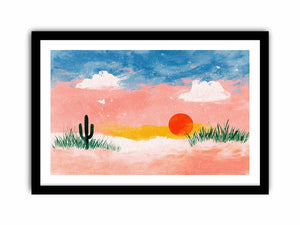 Pastel desert sunset canvas art with cactus for cheerful bedroom or nursery decor.