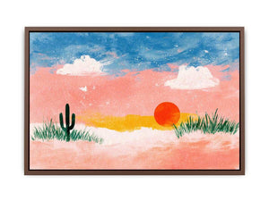 Pastel desert sunset canvas art with cactus for cheerful bedroom or nursery decor.