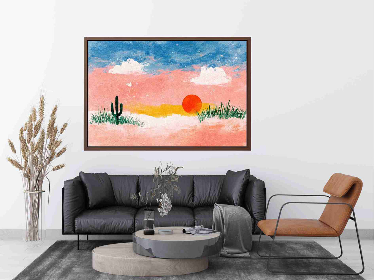 Pastel desert sunset canvas art with cactus for cheerful bedroom or nursery decor.