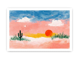 Pastel desert sunset canvas art with cactus for cheerful bedroom or nursery decor.