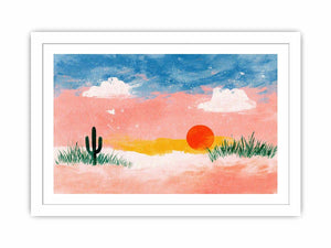 Pastel desert sunset canvas art with cactus for cheerful bedroom or nursery decor.