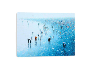 Blue rainy cityscape canvas art with umbrellas for refined modern living room decor.