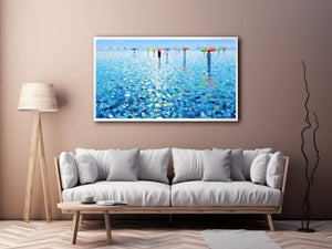 Colorful umbrella rain canvas art with blue reflections for modern living room decor.