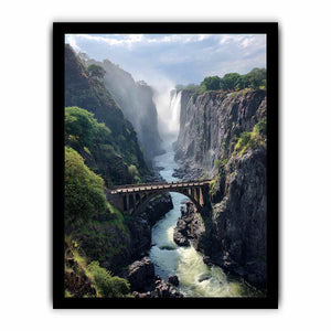 Vertical waterfall canyon photography print with bridge for dramatic entryway wall decor.