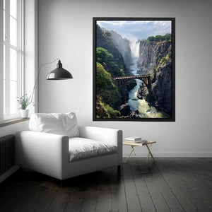 Vertical waterfall canyon photography print with bridge for dramatic entryway wall decor.