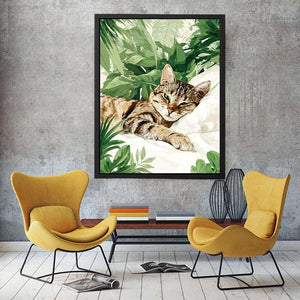Botanical tabby cat canvas art with tropical leaves for cozy bedroom decor.