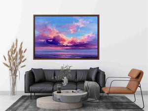 Pink and blue coastal cloud canvas art for dreamy bedroom or living room decor.
