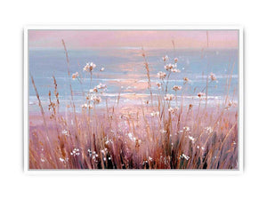 Soft coastal wildflower canvas art for pastel bedroom or living room decor.