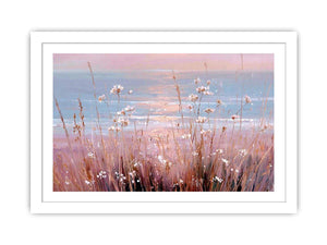 Soft coastal wildflower canvas art for pastel bedroom or living room decor.