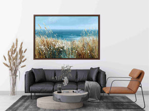 Turquoise coastal grass canvas art for beach house living room wall decor.